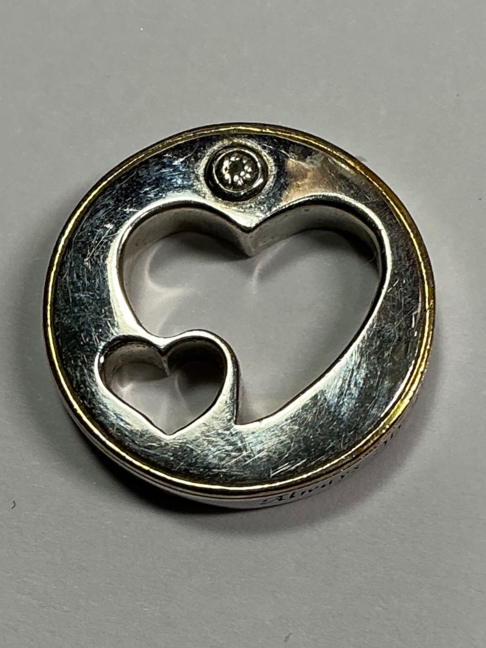 BGE Sterling Silver Cutouts Heart Shape Daughter Pendant W/ Diamond. 3/4” dia.